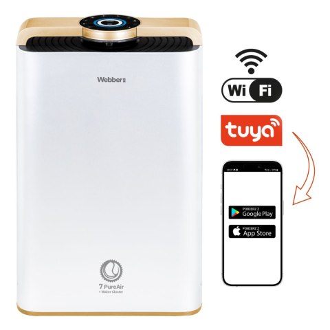 Webber AP9700 WiFi oczyszczacz powietrza – widok frontowy z ikonami funkcji Wi-Fi i aplikacji